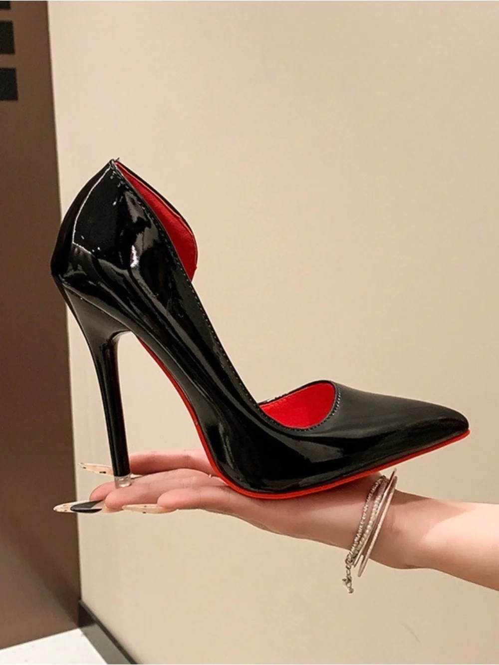 Black Patent High Heel Pumps with Red Interior